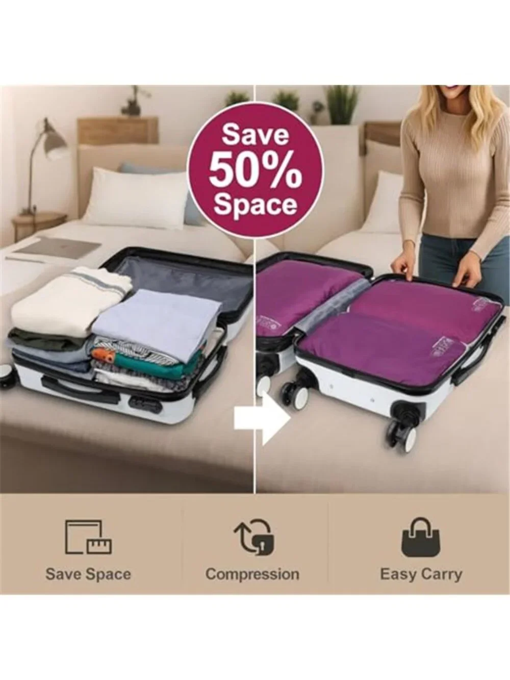 Compression Packing Cubes Travel Organizer Luggage Storage Set Space Saving